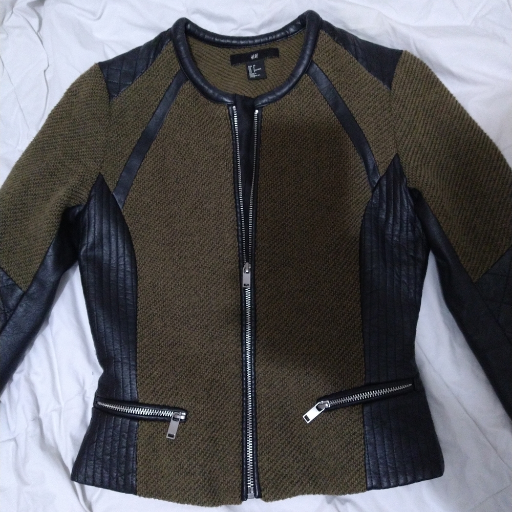 H&M Olive Green Black Tweed Quilted Faux Leather Blazer Jacket Size 4